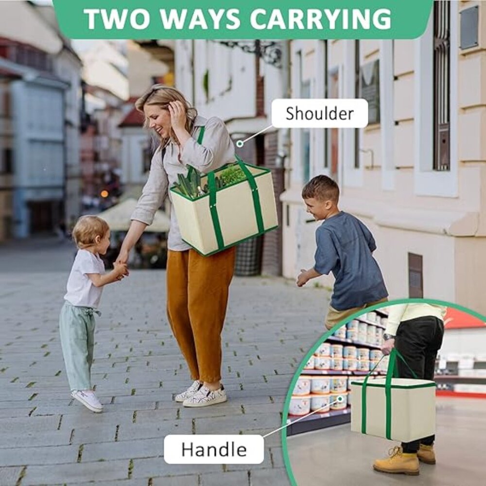 3Pack Reusable Grocery Bags w/ Reinforced Bottom & Handles(1-Tote + 2-Insulated) - Picture 6 of 13